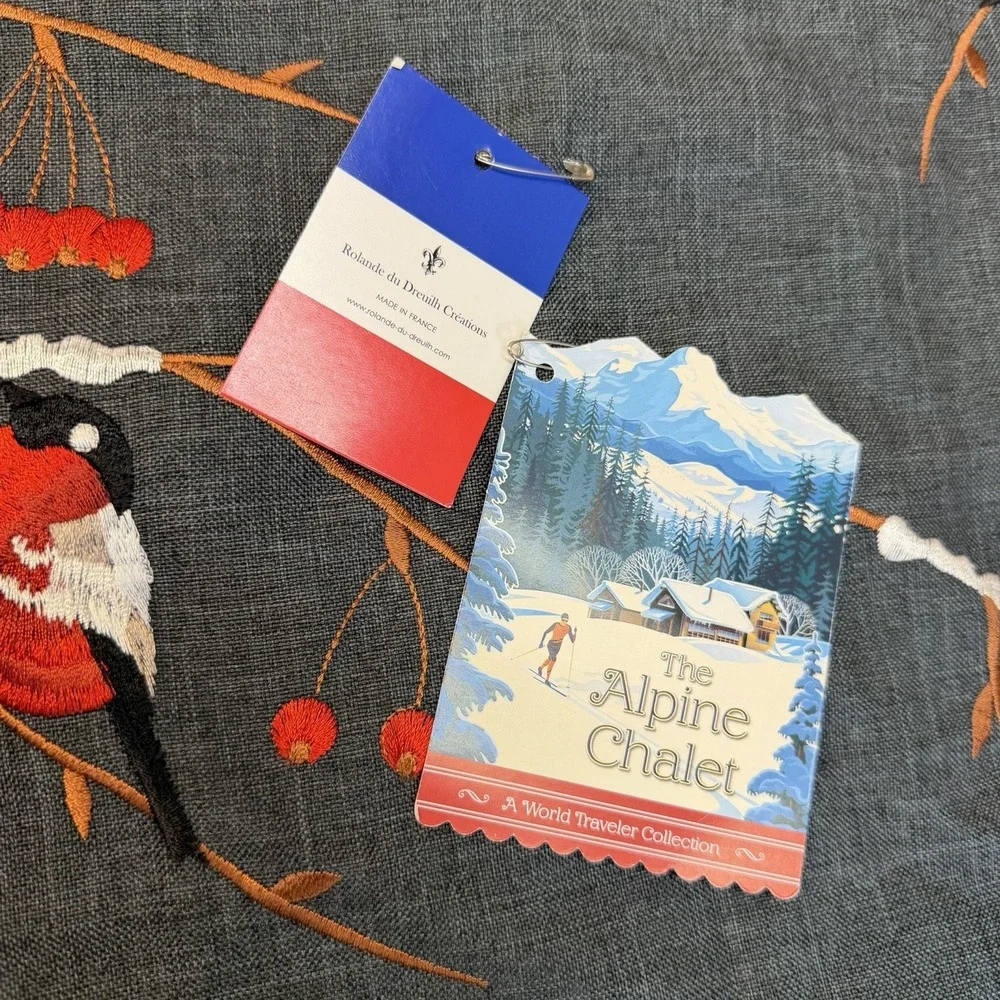 Rolande du Dreuilh Alpine Chalet Embroidered Table Runner Red Snow Birds Berries